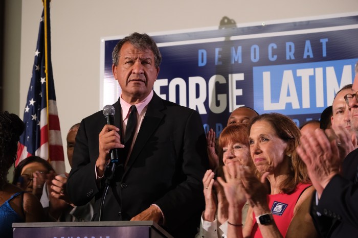 Westchester County Executive George Latimer addresses supporters at his election night party in White Plains on June 25, 2024.