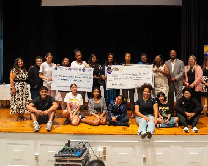 Bronx Borough President Vanessa L. Gibson, City Council Speaker Adrienne Adams, Council Member Althea Stevens and Assemblymember Landon Dais joined school officials in the auditorium of the William H. Taft Educational Campus in the Claremont section of the Bronx on June 14 to present a $5.5 million check for upgrades toward the renovation of the Jonathan Levin Field. 