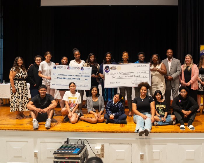 Bronx Borough President Vanessa L. Gibson, City Council Speaker Adrienne Adams, Council Member Althea Stevens and Assemblymember Landon Dais joined school officials in the auditorium of the William H. Taft Educational Campus in the Claremont section of the Bronx on June 14 to present a $5.5 million check for upgrades toward the renovation of the Jonathan Levin Field. 