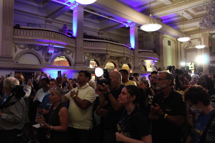 The crowd listens to Rep. Jamaal Bowman's remarks after he loses the Democratic Primary on Tuesday, June 25, 2024.