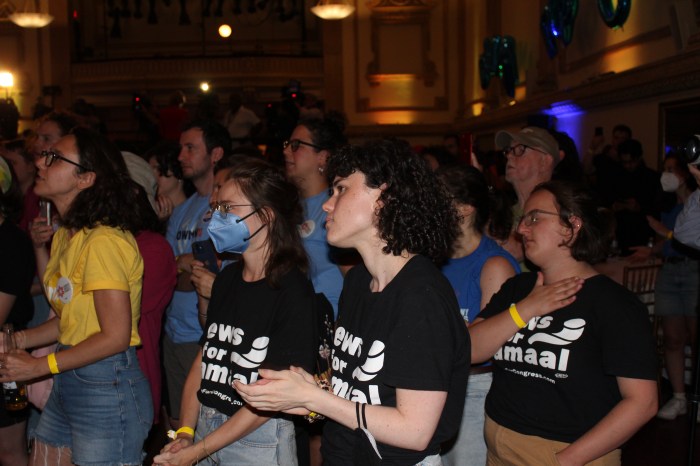 Eva Borgwardt applauds as U.S. Rep. Jamaal Bowman delivers remarks after his Democratic Primary loss on Tuesday, June 25, 2024.