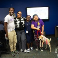 From left, James Coger, Manager of Legal Hand Bronx, Andrianelys Parra, Program Associate at Legal Hand Bronx, Sonra Lee, Legal Hand Bronx Volunteer, and attendee Hannah Josiah gather for a post-workshop group photo. Photo Jewel Webber.
