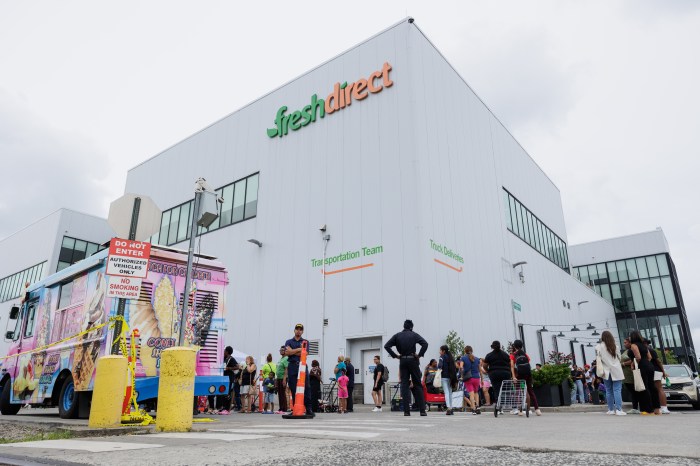 a line outside fresh direct headquarters in the bronx