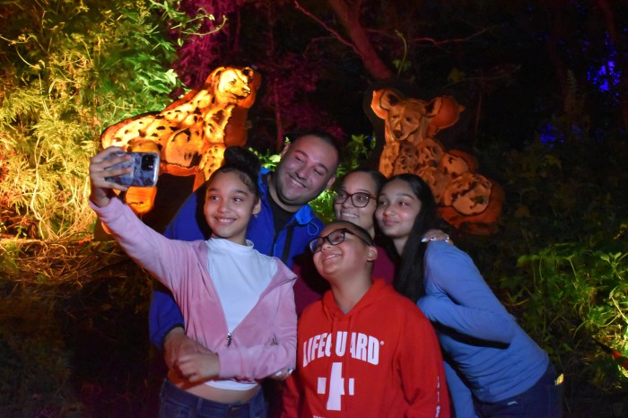 a family taking a selfie in front of pumpkin carvings at the bronx zoo