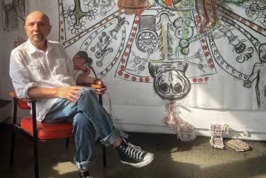 Mexican mixed media artist Aurelio del Muro Balandran presents his most recent exhibition: Lands of Wandering Souls. Trazos Errantes. at the Bronx River Art Center. Photo courtesy Bronx River Arts Center