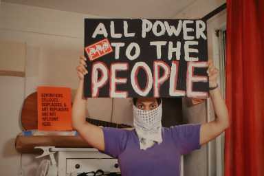 A cropped image of Alice Grullon's self-portrait, "June 4, 2020: NYPD's Ambush Of Peaceful Bronx Protesters Was 'Executed Nearly Flawlessly," City Leaders Agree," (2020).