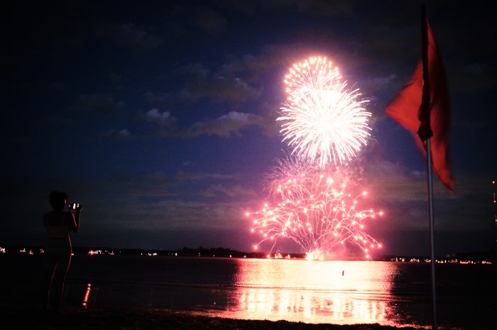 Fireworks burst across from Orchard Beach in the Bronx on June 27, 2024.