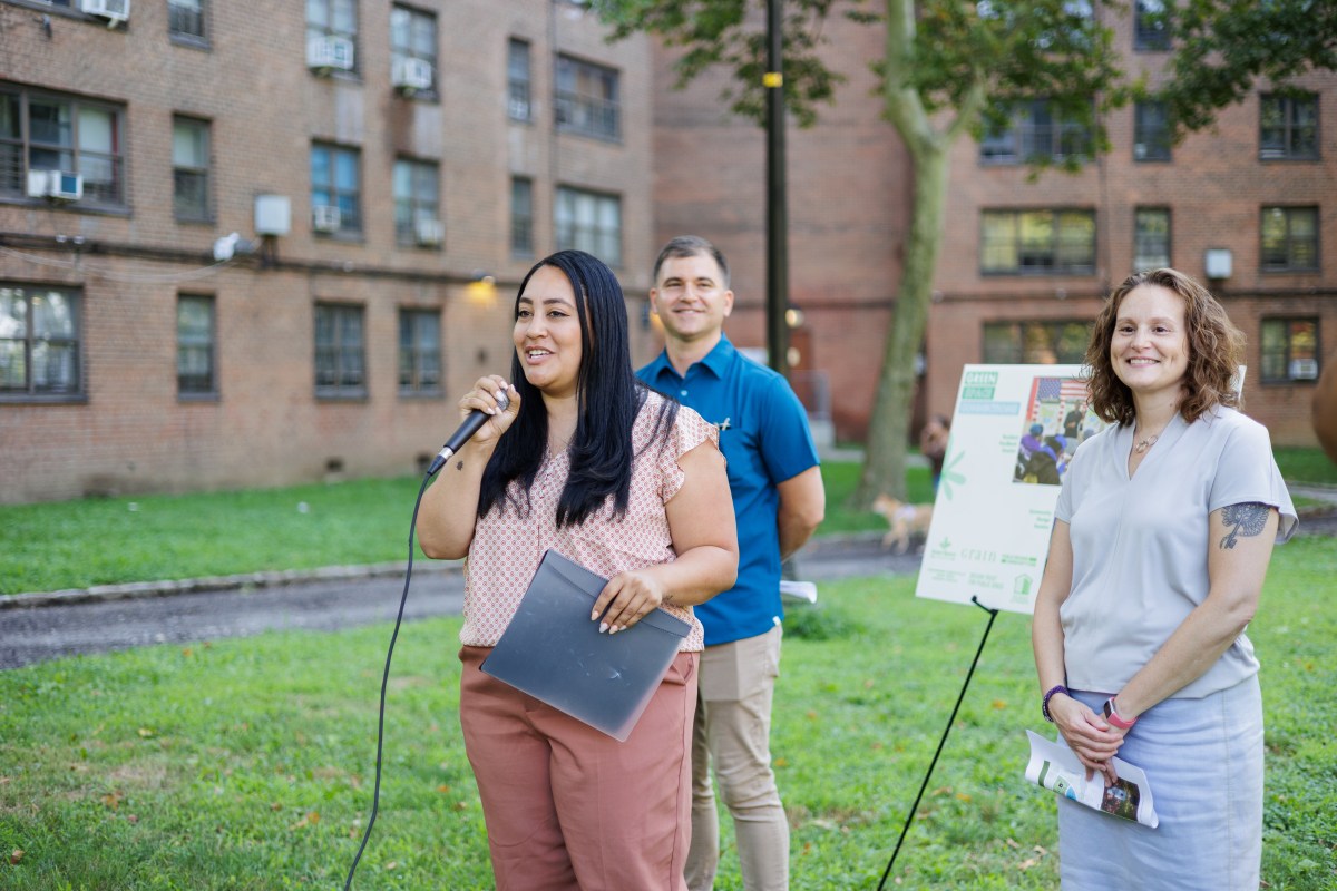 Councilmember Amanda Farías speaks during a groundbreaking ceremony for an improved green space project, including a dog park, at the at the Castle Hill Houses in Castle Hill on Monday, Aug. 5, 2024.