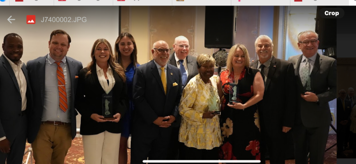 Pictured (L-R) Malcom Gray, 80th District State Committeeman; John Doyle, 82nd Part B Male District Leader; honoree Christine Culpepper; 82nd Part B Female District Leader Rebecca Nieves; Assemblyman Michael Benedetto; Edward Koester, club president; honoree Maybelle Perry; honoree Greta Ratjen; dinner chairman Thomas Messina; and honoree Ljubo Kocovic.