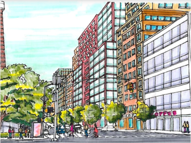 A rendering of the rezoning proposal looking north along Eastchester Road outside the site of the new Morris Part Metro-North station.
