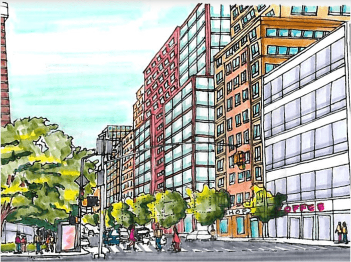 A rendering of the rezoning proposal looking north along Eastchester Road outside the site of the new Morris Part Metro-North station.