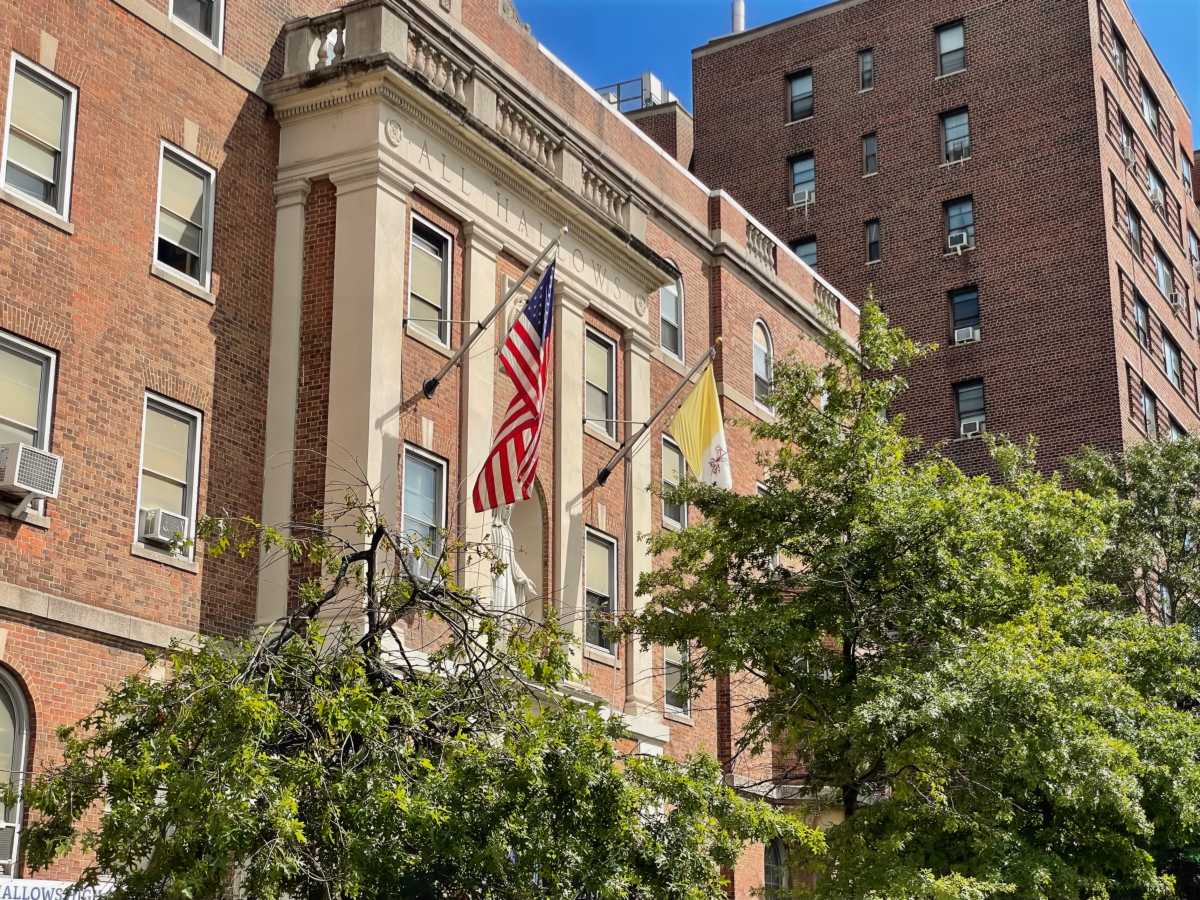 An image of the exterior of All Hallows High School in the Bronx.