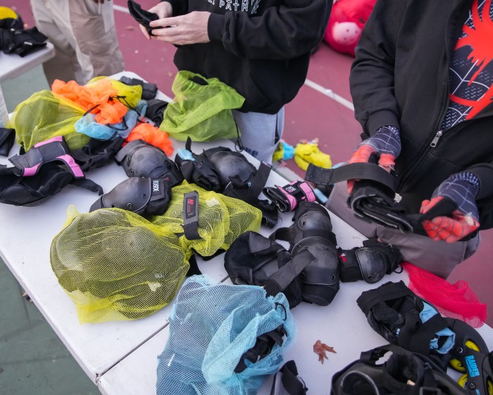 Go! Sports NYC provided skating gear, including pads, skates and helmets for the Halloween Skate Party in the Morris Park neighborhood.