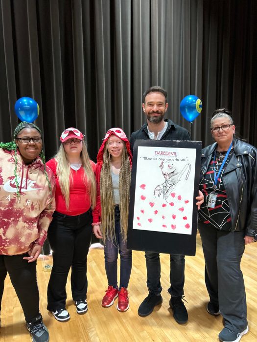 Actor Charlie Cox, who portrayed the blind Marvel Superhero "Daredevil" visited visually impared K-12 students Friday at the New York Institute for Special Education