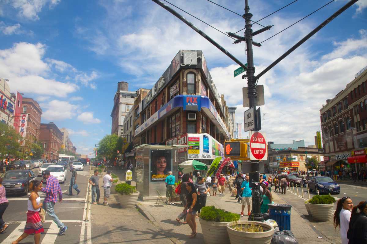 Triangular busy intersection in South Bronx