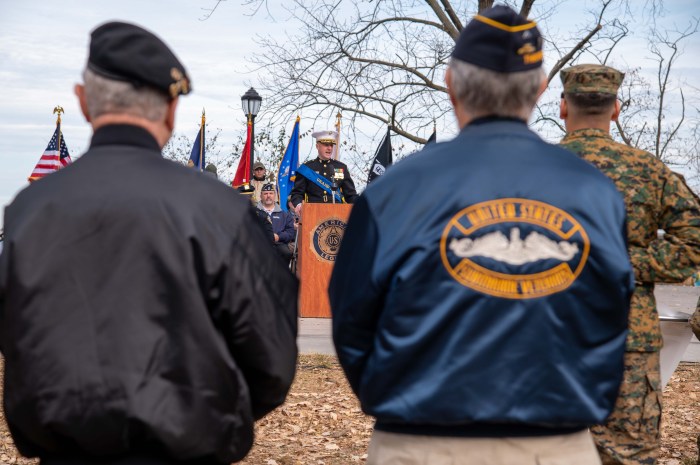 Veterans stand and listen to the Bronx Veterans Day Parade and ceremony's Grand Marshall, retired Major Jason Brezler, USMCR.