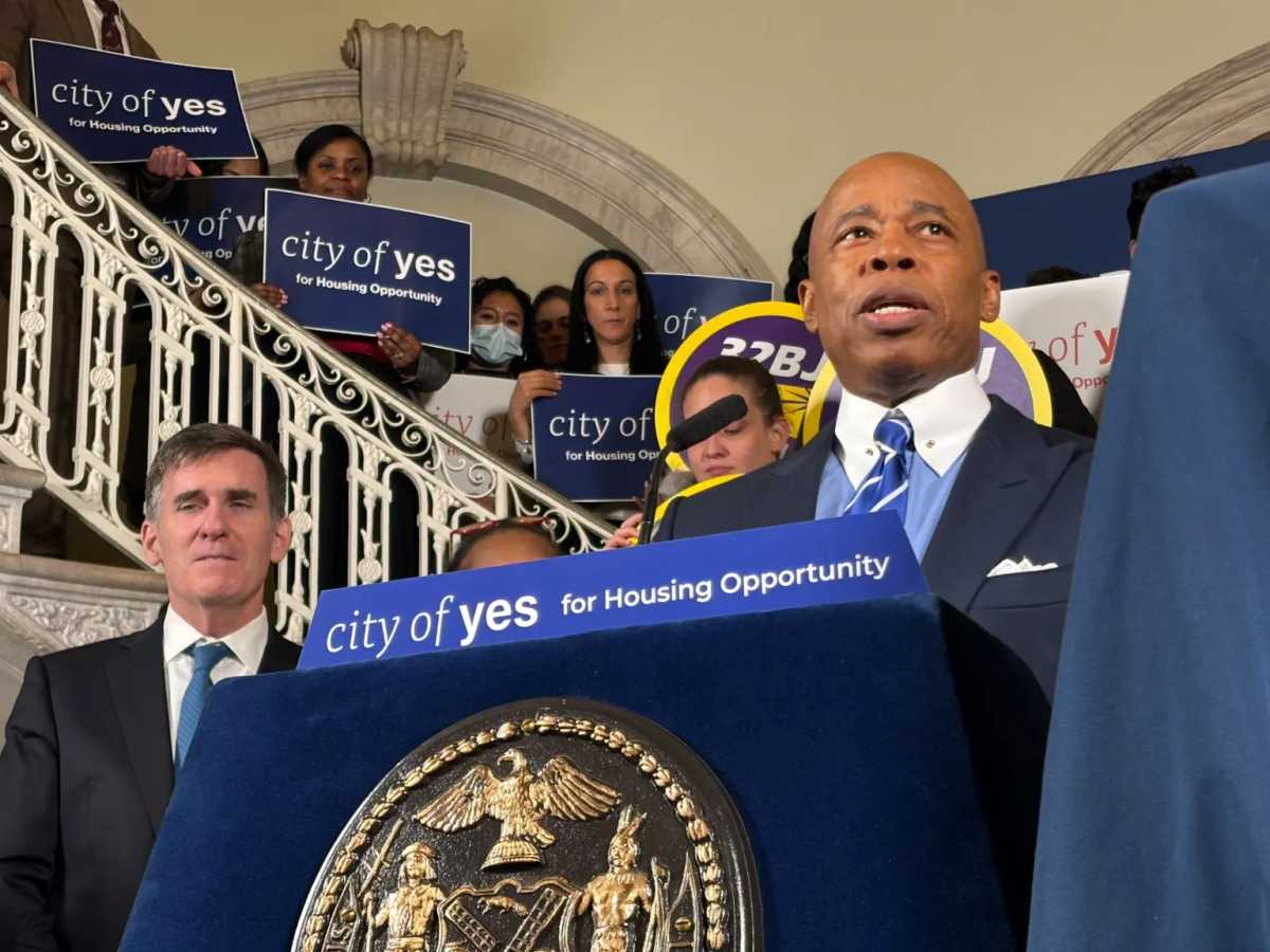 Mayor Eric Adams at a City Hall rally following the passage of his City of Yes plan by the City Council.