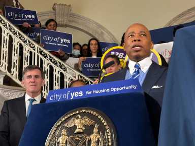 Mayor Eric Adams at a City Hall rally following the passage of his City of Yes plan by the City Council.