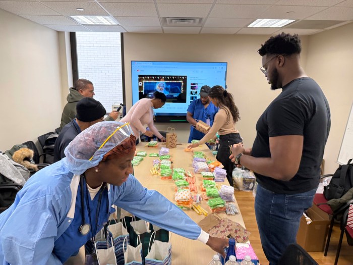 Montefiore doctors and medical students helped pack up feminine hygiene products to donate to the shelter where Elaine Gibson visits every month.
