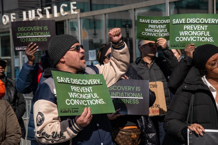 Protestors chanted, "we wont go back! we wont go back!" Friday during a rally in front of the Bronx County Court to protect the law requiring timely evidence sharing with those charged with a crime.