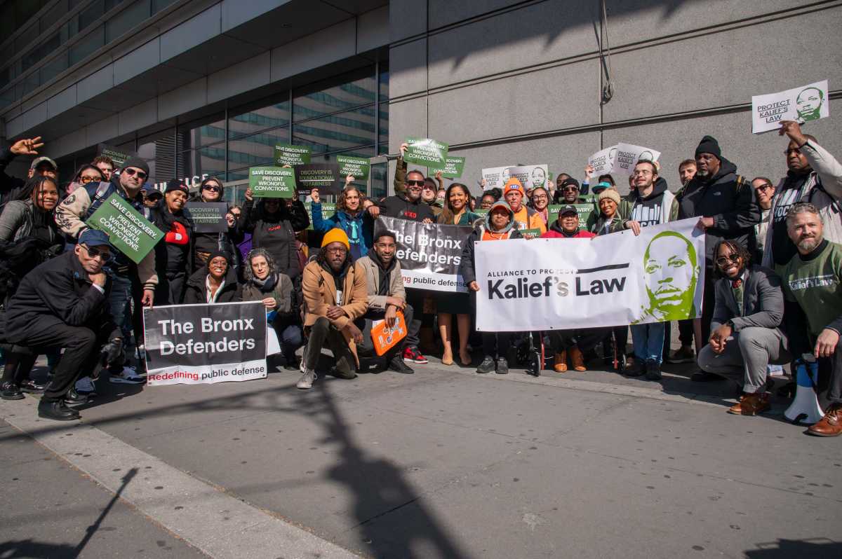 Dozens of advocates gathered outside the Bronx County Court to protest Governor Kathy Hochul's efforts to roll back discovery reform laws named for late Bronx teen, Kalief Browder.