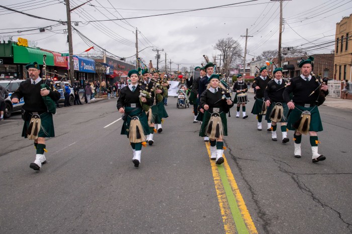 Bag pipers and drummers marched down East Tremont Avenue in festive garb Sunday for the 27th annual Throggs Neck St. Patrick's Day Parade.