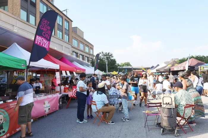 Fordham Plaza often fills with people and vendors especially for community events like Bronx Summer Concert Series at the Bronx Night Market.