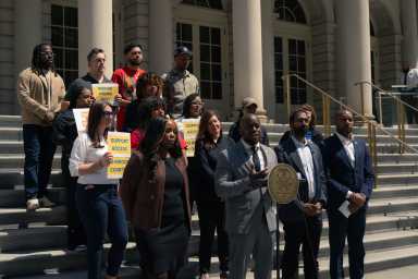 Bronx City Council Member Kevin Riley rallied supporters for the Indoor Hoops Act which would increase the number of indoor basketball courts available to the public year-round.
