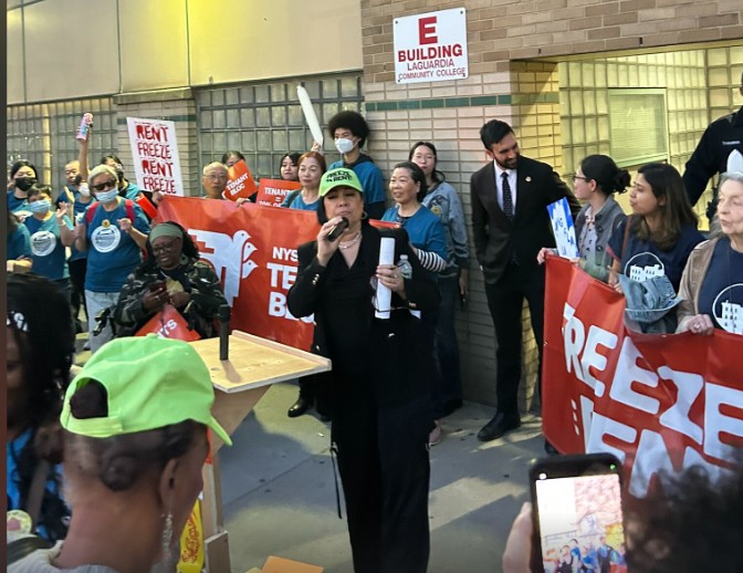 CASA Tenant Organizer Joanne Grell addressed a crowd of protesters calling on the Rent Guidelines Board to implement a rent freeze outside it's initial preliminary vote on April 30, 2025 at La Guardia Community College.
