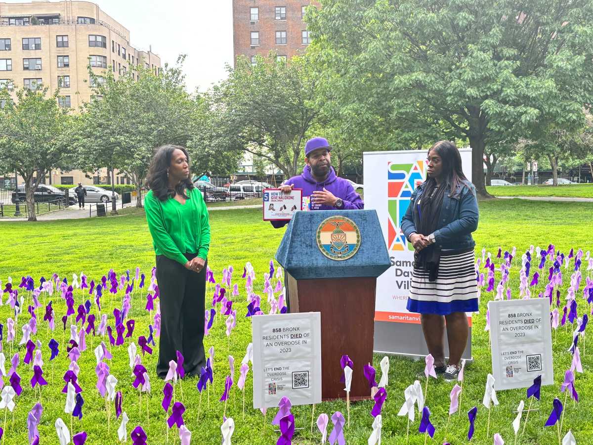 The nonprofit Samaritan Daytop Village filled a Bronx park with purple ribbons to memorialize all the people in the borough who died of an opioid overdose in 2023 and raise awareness about harm reduction tools like Narcan to reverse an opioid overdose.