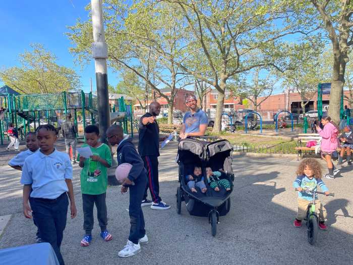 Riley spoke with Bronx parents, especially those with young children about lowering the age of eligibility for free childcare through the city's public schools, asking them to show support through signing the petition.