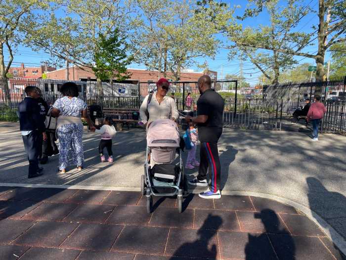 City Council Member Kevin Riley, who represents the Northeast Bronx spoke with parents at Angelo Campanaro Playground Wednesday to encourage them to sign a petition asking the administration to expand Pre-K and 3-K childcare eligibility to families with two-year-olds.