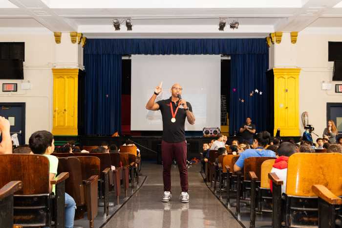 The Bronx-born Olympic swimming gold medalist, Cullen Jones returned to his home borough with USA Swimming Foundation and non-profit sports organization Asphalt Green to teach kids at P.S. 66 the importance of swimming safely.