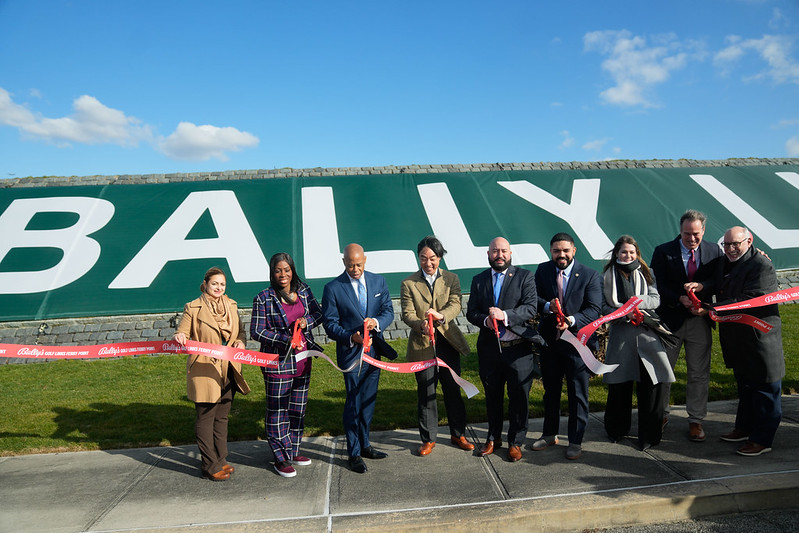 Mayor Eric Adams and Bronx elected officials joined Bally's Corporation as it unveiled its new sign for Bally's Links at Ferry Point in 2024 upon buying out the Trump Organization's lease.