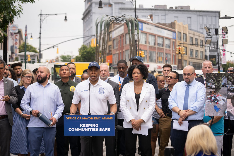 Mayor Eric Adams emphasized Wednesday the city's commitment to keeping the commercial corridor in the South Bronx, known as the Hub, clean and free of drugs and illegal activity.