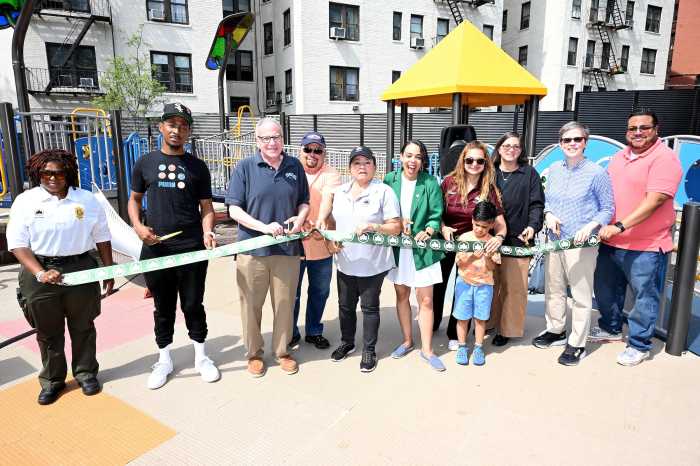 Council Member Pierina Sanchez, Assembly Member Jeffrey Dinowitz, and NYC Parks Commissioner Iris Rodriguez-Rosa cut the ribbon to officially reopen Strong Street Playground in Kingsbridge Heights following a $3.04 million renovation.