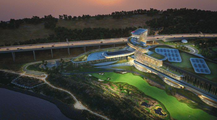Official renderings show the proposed $4 billion Bally's Bronx casino and resort with a 2,000 seat event space which will surround the public golf course in Throggs Neck which is operated by Bally's Golf Links and Ferry Point. The gaming giant is competing for one of three downstate casino licenses which will be awarded later this year.