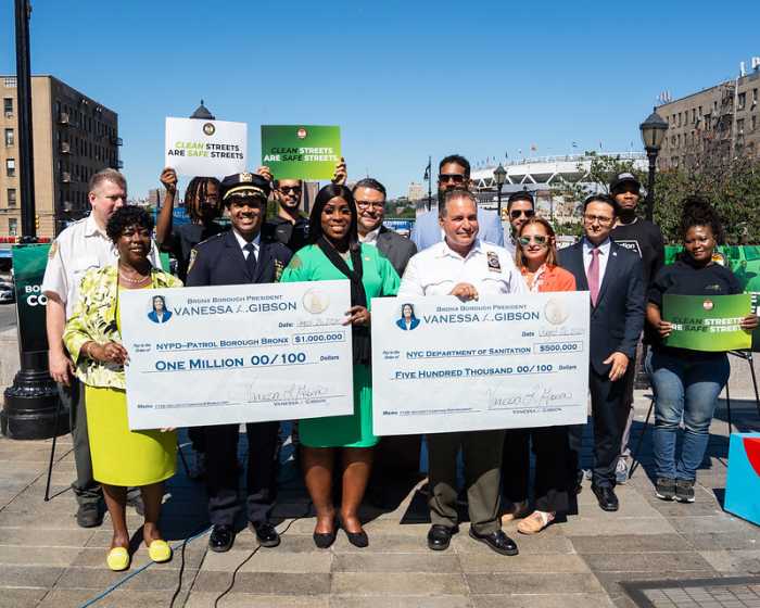 Borough President Vanessa Gibson presented two checks to the NYPD and DSNY to fund the installation of cameras and sanitation enforcement to fight the illegal dumping that has been trashing Bronx neighborhoods and disrupting residents' quality of life.