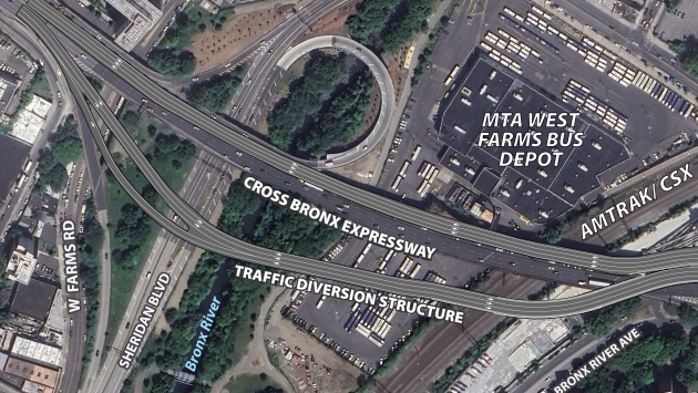 Renderings by the NYSDOT show the additional "traffic diversion structure" where cars will be rerouted during the reconstruction of the aging bridges.