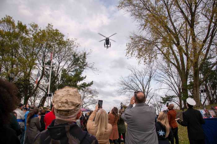 The NYPD flew a police helicopter over the crowd, in a nod to the veterans of the Bronx, many of whom also serve in the police department following their return to civilian life.