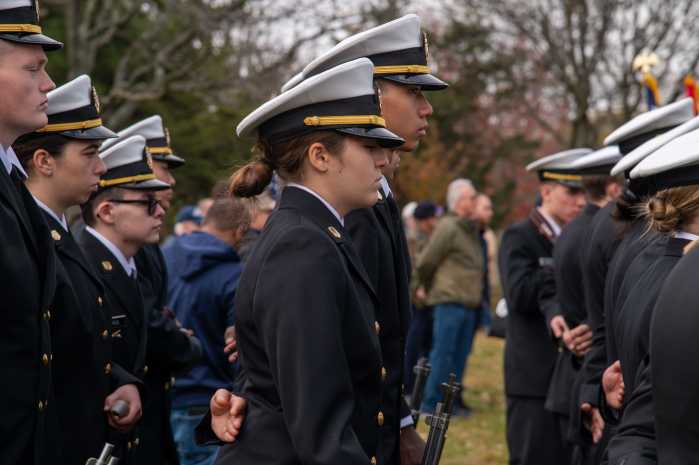 Cadets from SUNY Maritime College in the Bronx marched in their dress uniforms for the celebration Sunday.