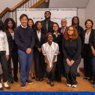 Lehman School of Business students and faculty members pose with Bally's Corporation Chairman, Soo Kim following a speech and networking event, Thursday when Kim announced a new internship for Lehman students to get hands on experience at Bally's Atlantic City Hotel and Casino over the summer.