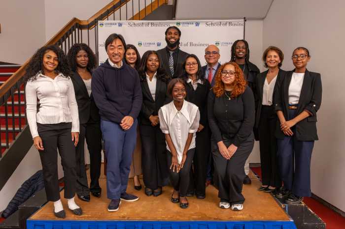 Lehman School of Business students and faculty members pose with Bally's Corporation Chairman, Soo Kim following a speech and networking event, Thursday when Kim announced a new internship for Lehman students to get hands on experience at Bally's Atlantic City Hotel and Casino over the summer.