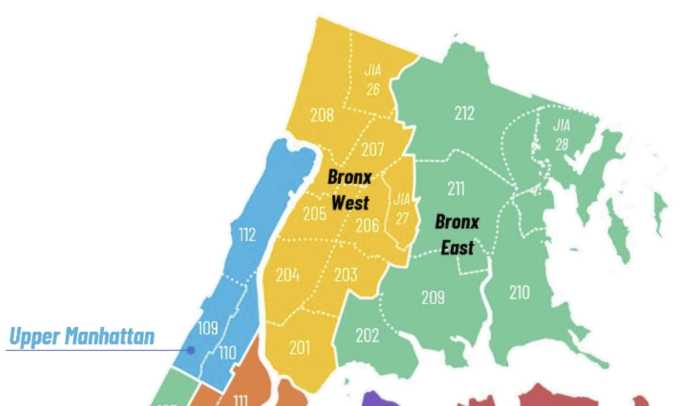The map shows the Bronx divided into two Commercial Waste Zones, East and West, separated by community district. Each zone will be served by a specific set of three carters that will be responsible for managing the trash, recycling and organic materials for all the businesses in that zone.