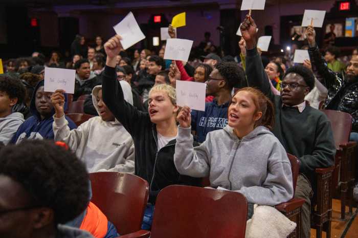 Students, friends and family members participated as members of the jury, voting to ether declare Elena Price "guilty" or "not guilty" after watching the courtroom drama "Reasonable Doubt" unfold at Fordham High School for the Arts on Friday.