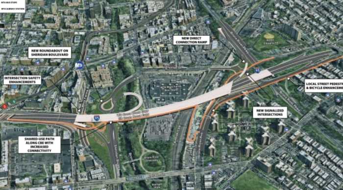 NYSDOT published renderings of the project proposal and alternatives. One option (above) will widen the highway to construct a shared use path, shown in orange.