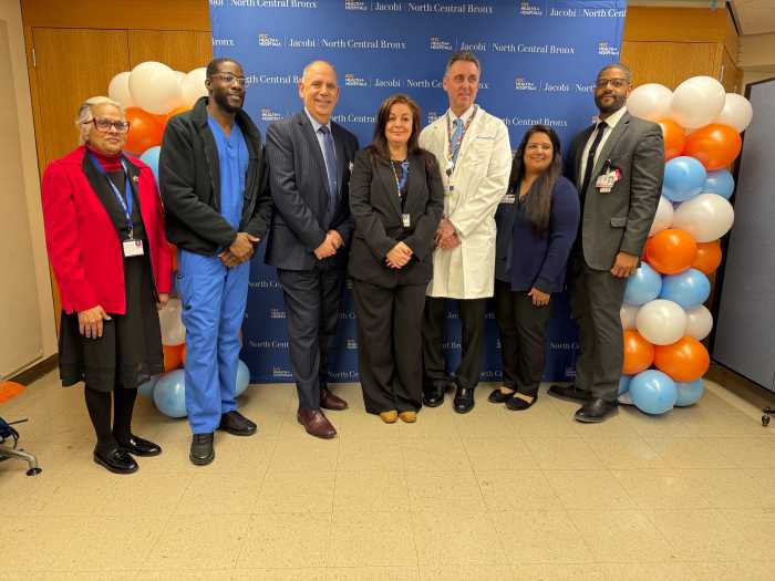 NYC Health + Hospitals North Central Bronx staff (left to right): Esme Sattaur-Low, Shad Akorful, Christopher Mastromano, Jeannie Miller, Dr. Bruce Cohen, Sheba Thomas and Alfredo Jones.
