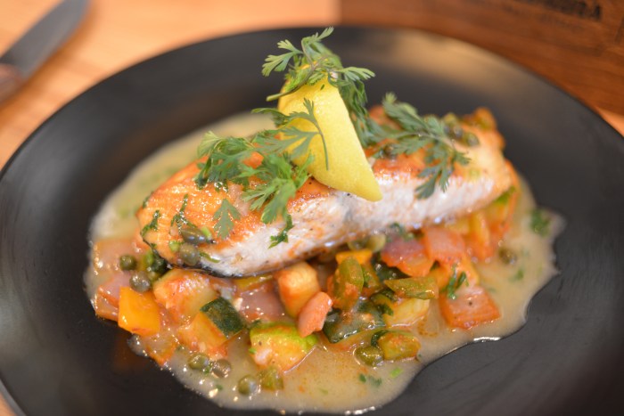 Pan seared salmon with roasted ratatouille vegetables in a white wine caper sauce for Bronx restaurant week.