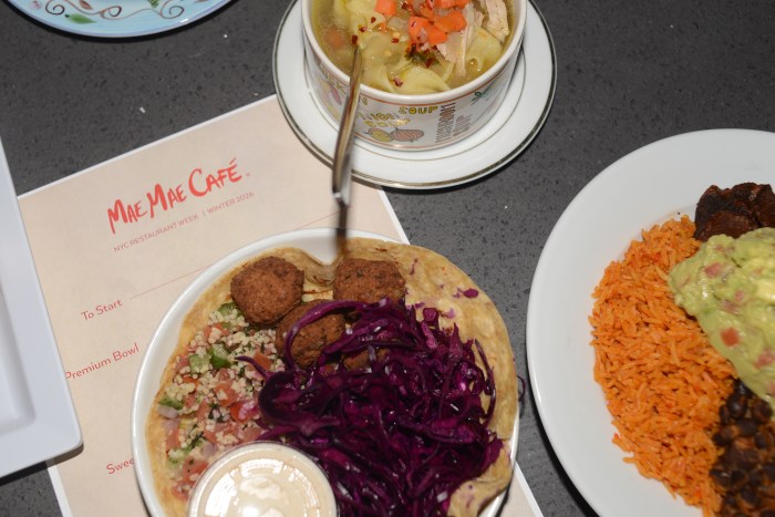 Falafel bowl, mushroom mole with jollof rice, and chicken soup from Mae Mae Café and Plant Shop for Bronx restaurant week.