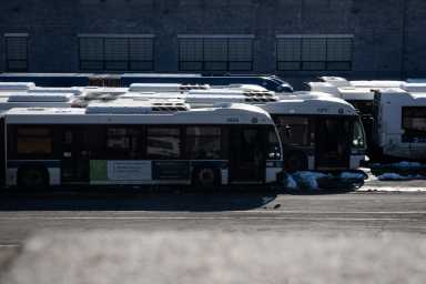 Bus fleet at West Farms Bus Depot in the Bronx.